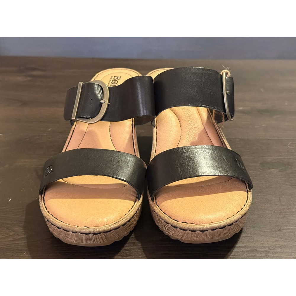 Born Women's Emily LEATHER Buckle Straps Wedge Mule Sandals 10 M BLACK - Picture 7 of 15